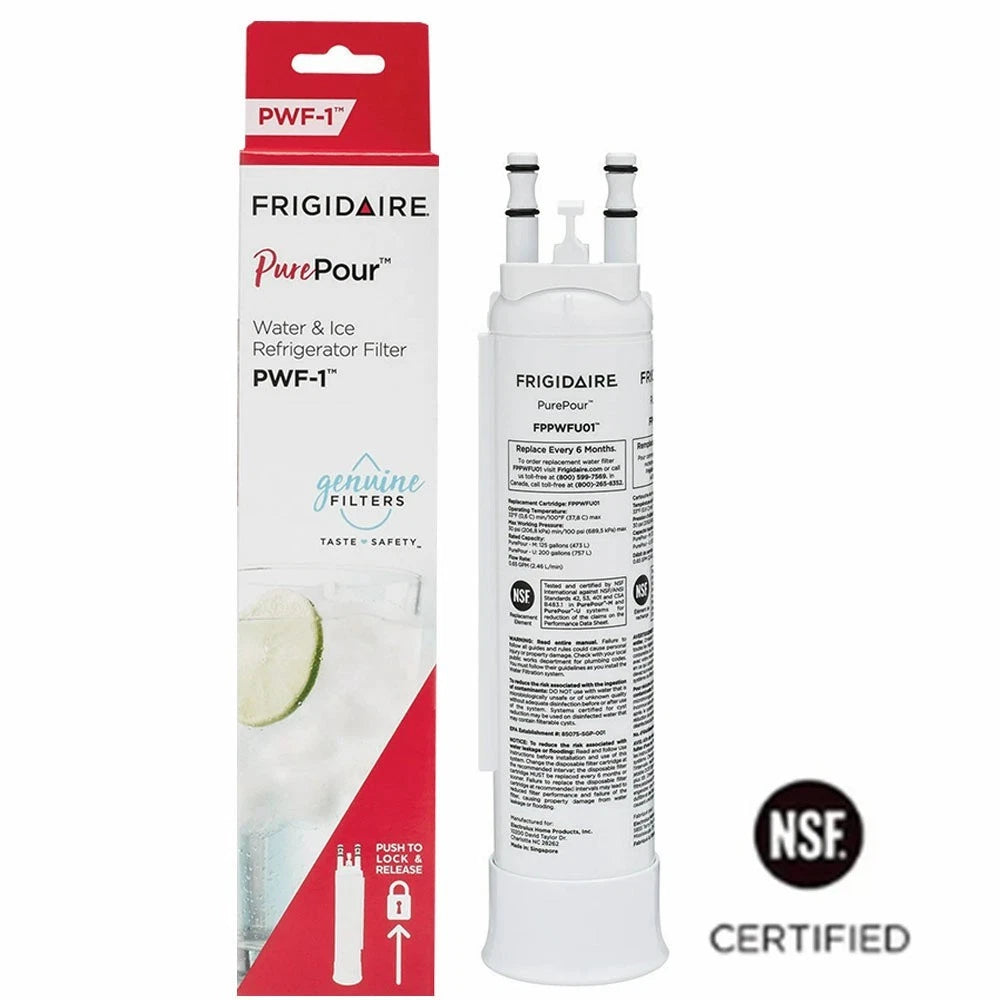 1-Pack FPPWFU01 PurePour PWF-1 Refrigerator Water Filter, For Frigidaire PWF-1 Original OEM Replacement Cartridge, White
